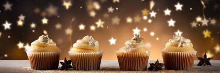 Three cupcakes with icing and stars on a table.の素材