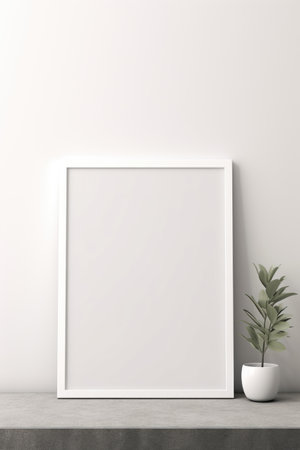 A white picture frame next to a potted plant. Photorealistic frame mockup.の素材