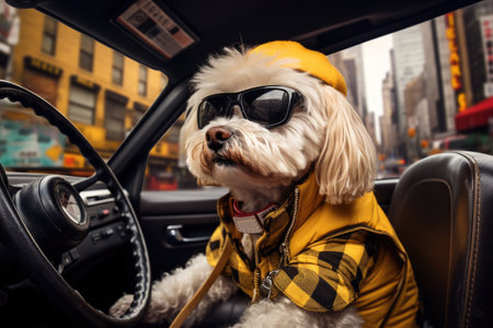 A dog taxi driver in sunglasses sitting in the drivers seat of cab.の素材