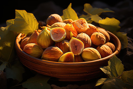 A basket full of figs sitting on top of leaves.の素材
