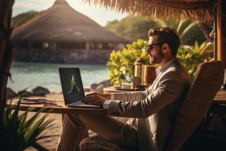 A man sitting at a table using a laptop computer.の素材