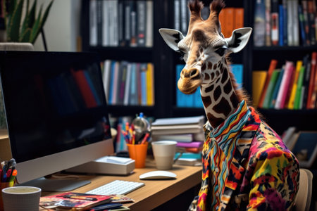 A giraffe wearing a colorful shirt sitting in front of a computer.の素材