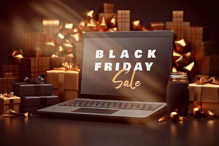 A laptop computer sitting on top of a table. Black Friday sale campaign.の素材