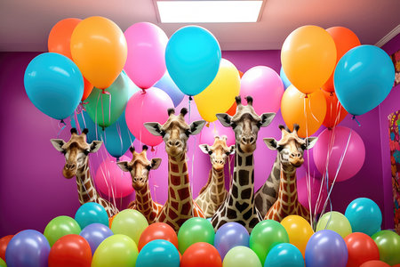 A group of giraffes standing in a room filled with balloons, birthday party.の素材