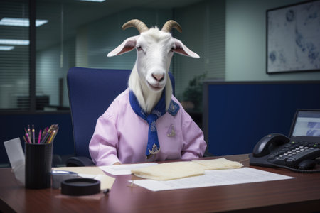 A goat wearing a shirt and tie sitting at a desk.の素材