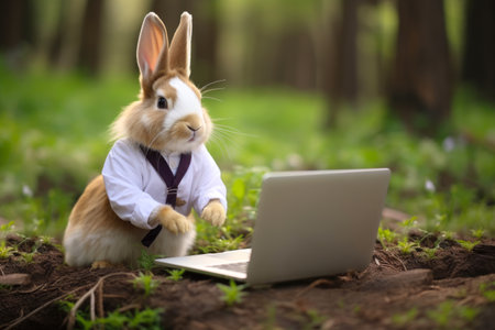 A rabbit in a shirt and tie sitting in front of a laptop.の素材