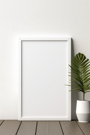 Photorealistic frame mockup. A picture frame next to a potted plant on a wooden floor.の素材