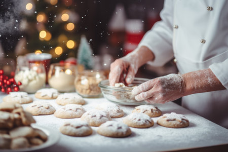 A chef is making christmas cookies on a table.の素材
