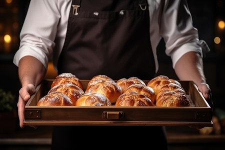 A baker holding a tray of freshly baked stollen bread.の素材