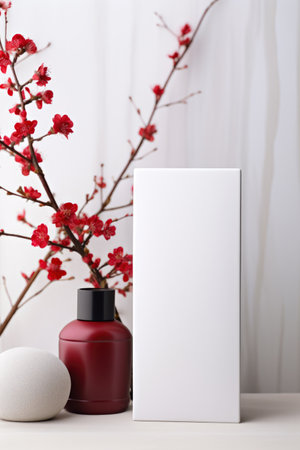 A red vase with a white box next to it.の素材