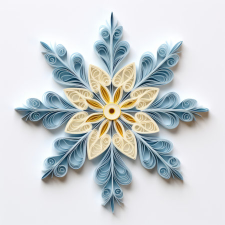 A paper snowflake made of blue and yellow paper. Paper quilling.の素材
