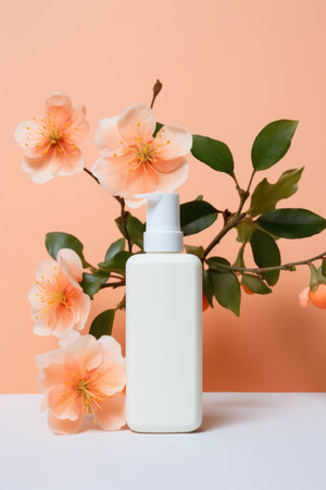 A bottle of lotion sitting next to some flowers.の素材