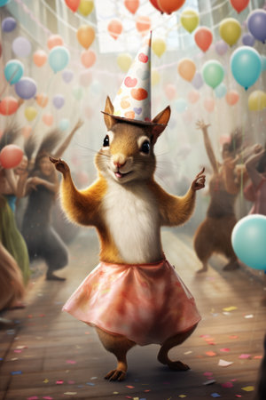 A cartoon squirrel dressed in a party hat.の素材
