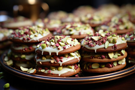 A close up of a plate of cookies with toppings.の素材