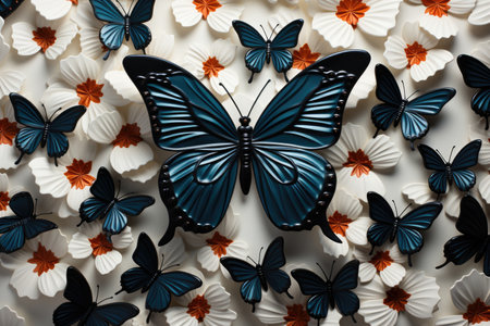 A group of blue and white butterflies on a white surface.の素材
