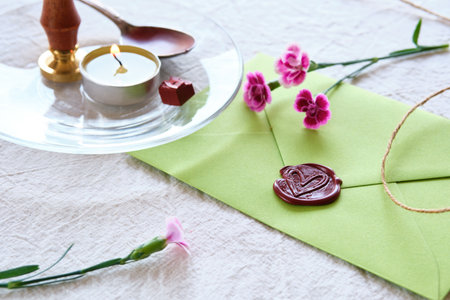 Envelope wax seal with carnation flowers on white table.の写真素材