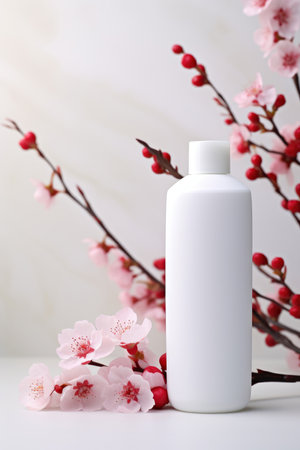 A bottle of lotion sitting next to a bunch of flowers.の素材