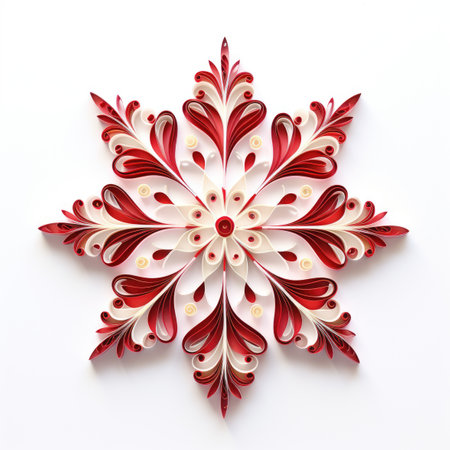 A red and white paper snowflake on a white surface. Paper quilling.の素材