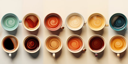 A row of coffee cups with different colors in them.の素材