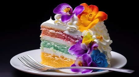 A slice of rainbow cake with flowers on a plate.の素材