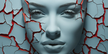 A close up of a womans face with a cracked wall behind her.の素材