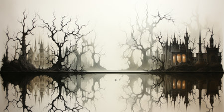 A painting of a castle in the middle of a lake.の素材