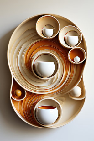 A plate with a clock and bowls on it.の素材
