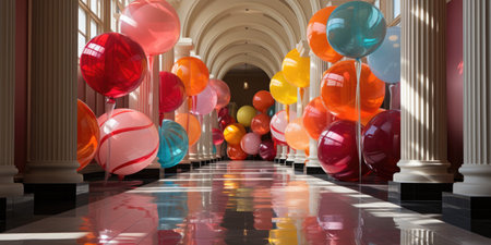 A hallway filled with lots of colorful balloons. Candy interior.の素材
