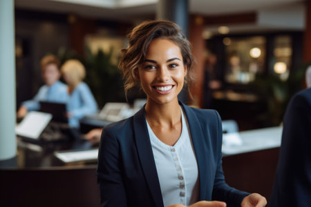 A woman in a business suit smiling at the camera. Hotel receptionist.の素材