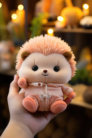 A person holding a stuffed hog animal in their hand.の素材