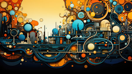 A picture of a city with lots of different colored circles.の素材