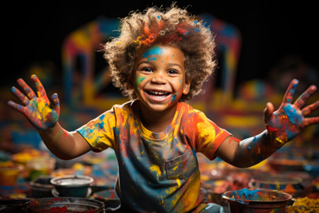 A little boy with paint all over his face and hands, finger painting activity.の素材