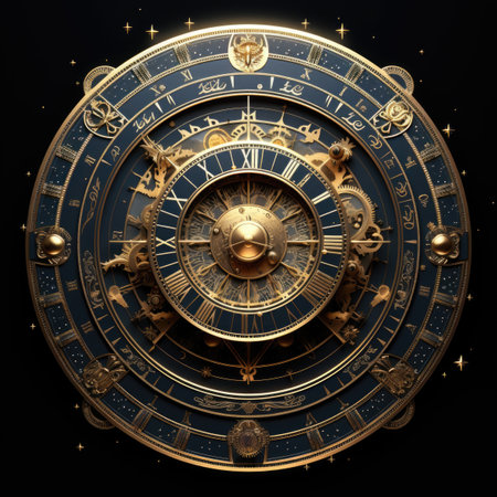 A gold astrological clock with a black backgroundの素材
