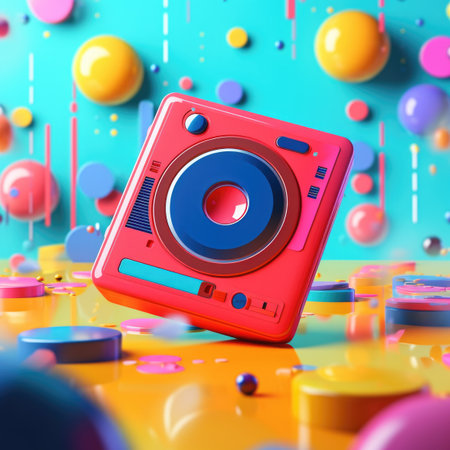 A red toy radio sitting on top of a table, vibrant pop art image.の素材