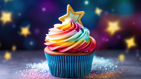 A cupcake with rainbow frosting and a star on top.の素材