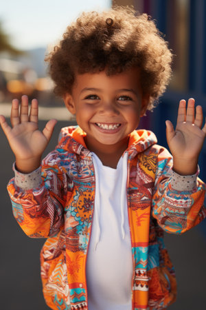 A little boy with an afro smiles and wavesの素材