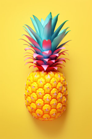 A colorful pineapple on a yellow background, vibrant pop art image.の素材