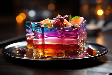 A colorful dessert on a plate on a table.の素材