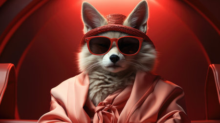 A cat wearing a red hat and sunglasses, retro-futuristic portrait.の素材