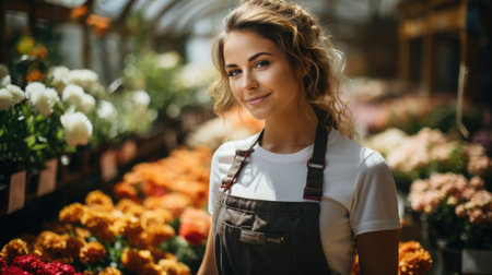 A woman standing in front of a bunch of flowersの素材