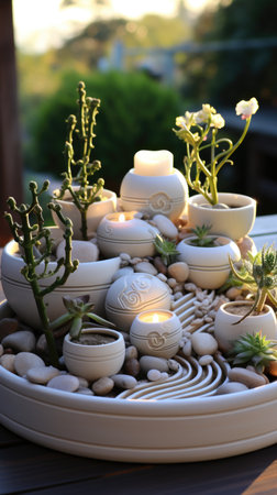 A white bowl filled with rocks and plants. Zen arrangement.の素材