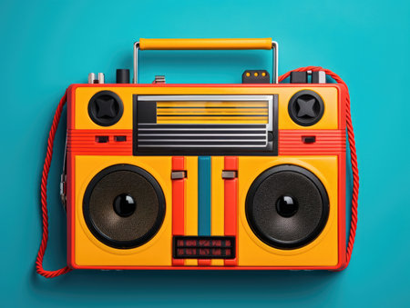 A yellow and red boombox sitting on top of a blue wall, vibrant pop art image.の素材