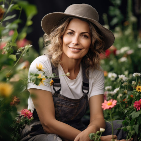 A woman wearing a hat and overalls sitting in a garden, middle-aged gardener.の素材