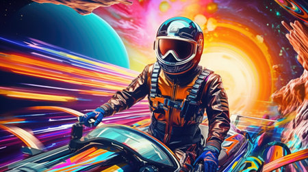 A man in a space suit riding a motorcycleの素材