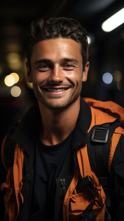 A man with a backpack smiles at the camera, portrait of a paramedic.の素材
