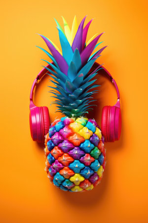 A pineapple with headphones and a pair of headphones, vibrant pop art image.の素材