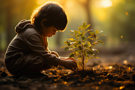A little boy kneeling down to plant a treeの素材