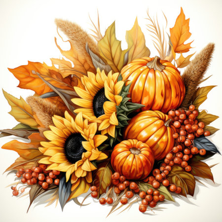 A painting of a bunch of pumpkins and sunflowers, autumn clip art.の素材