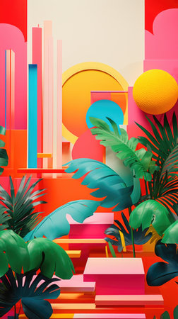 A painting of a colorful city with palm trees, vibrant pop art image.の素材