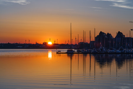 Sunrise at the Harbor of Rostock, Baltic sea, Germany super yachtの写真素材